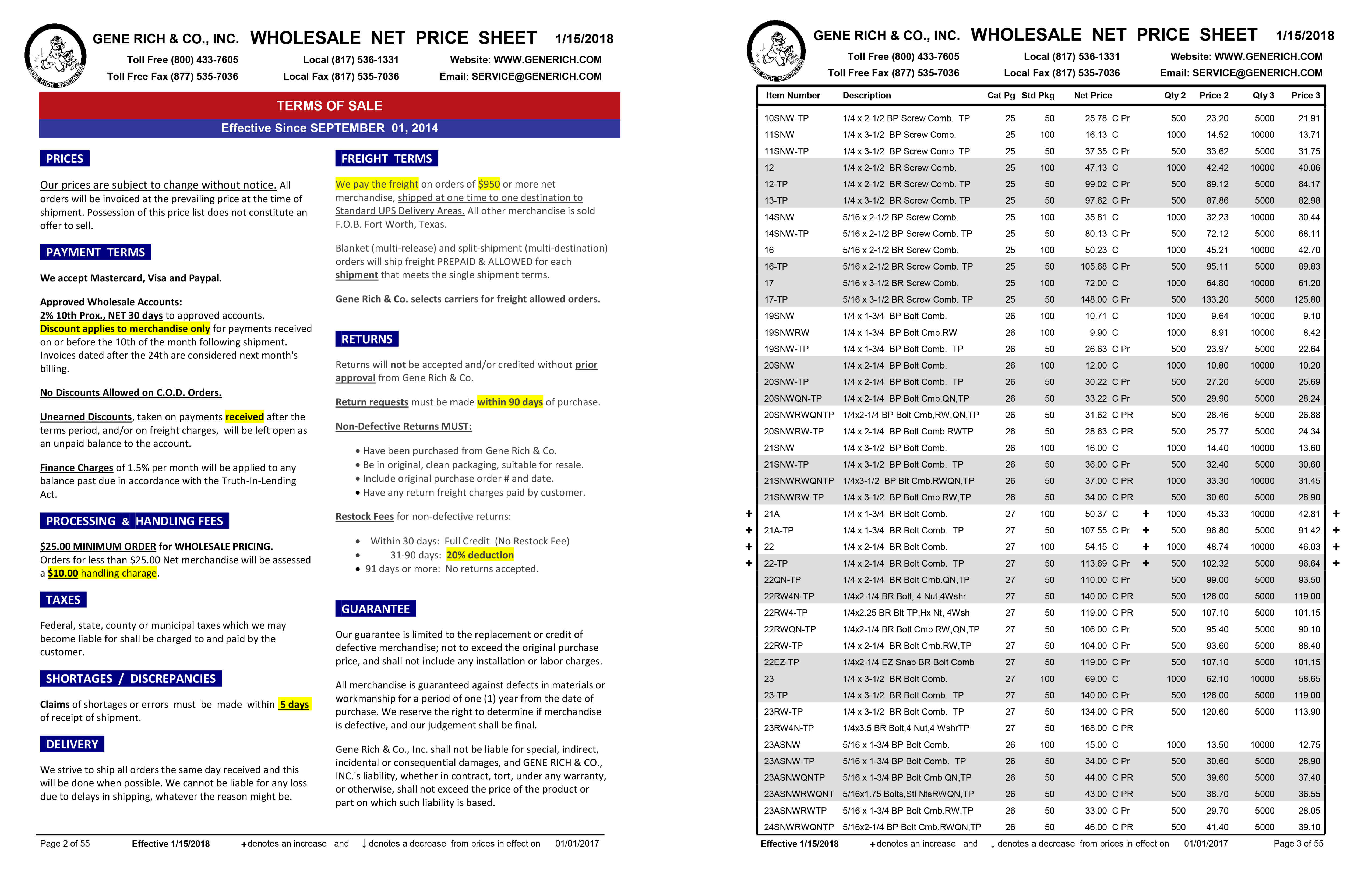 price sheet catalog printing
